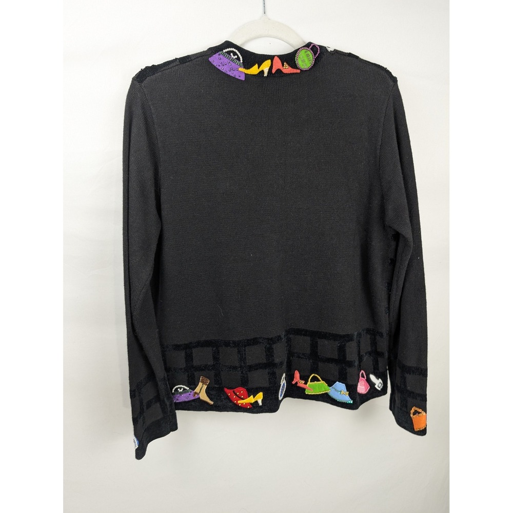 Vintage 90s Shopping Lover Shoe Purse Cardigan Size M Black Beaded Novelty Retro - Picture 6 of 8